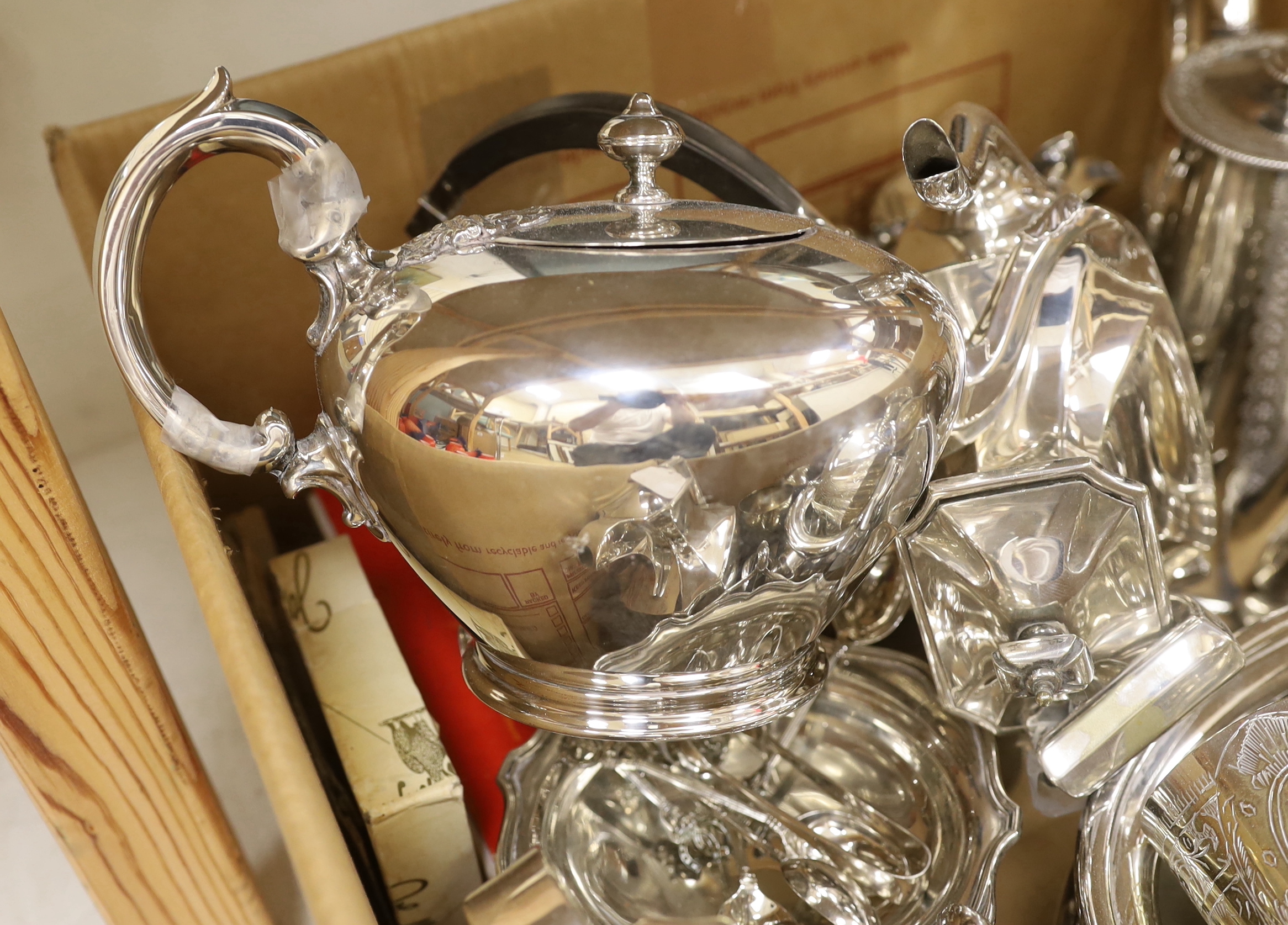 Various silver plated tea and coffee pots, dishes and goblets etc